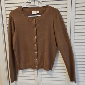 Cyrus Chestnut Brown Button-Up Crewneck Cardigan